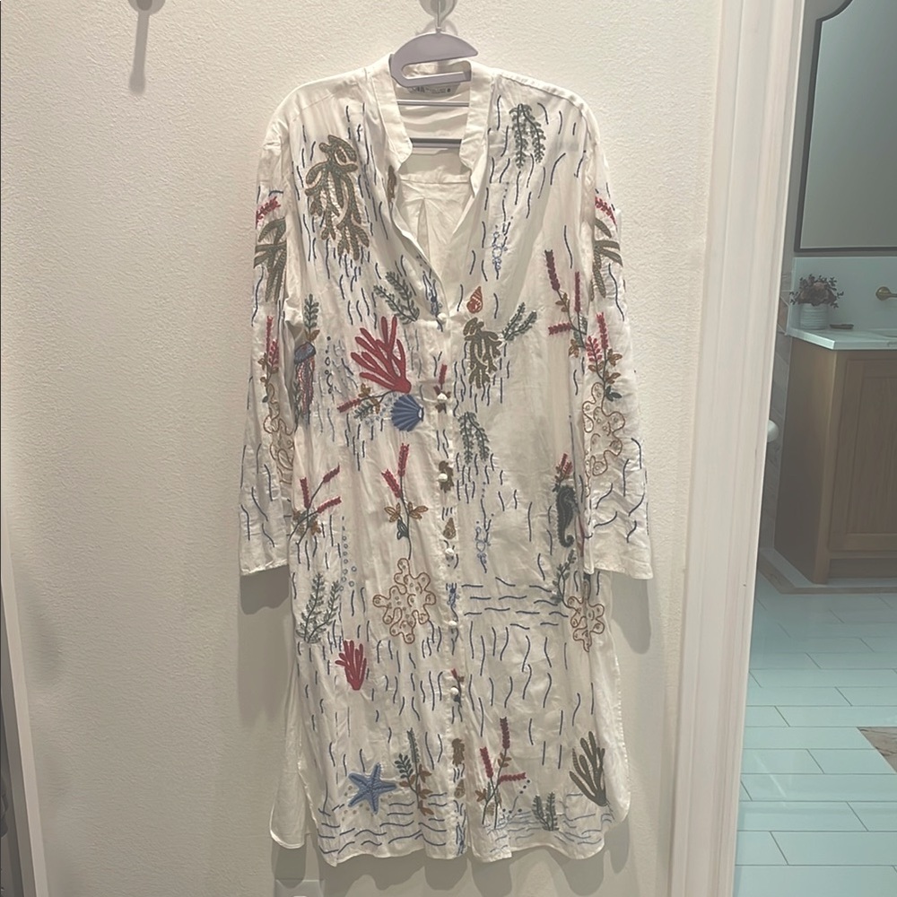 Embroidered White Button-Up Swim Cover